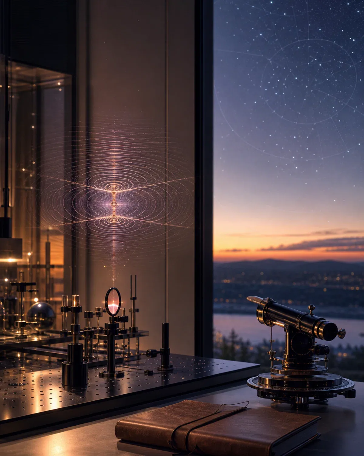 A holographic interference field links an optical laboratory with a twilight star map