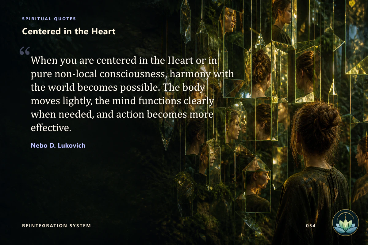 Centered in the Heart. When you are centered in the Heart or in pure non-local consciousness, harmony with the world becomes possible. The body moves lightly, the mind functions clearly when needed, and action becomes more effective.